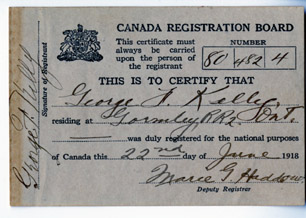 Canadian Registration Day card that would have been carried on the person of George Kelly.